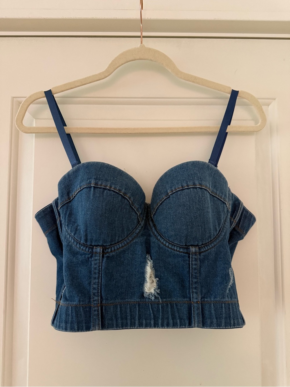 Denim Bustier Crop Top in Medium Blue
